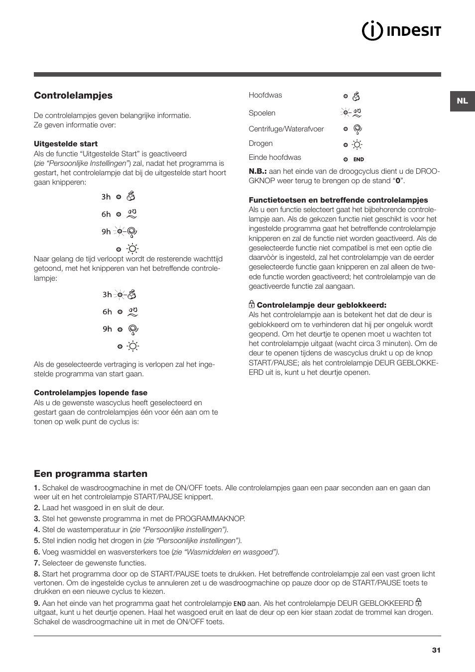 Controlelampjes, Een programma starten | Indesit IWDC-71680-ECO-(EU) User Manual | Page 31 / 84