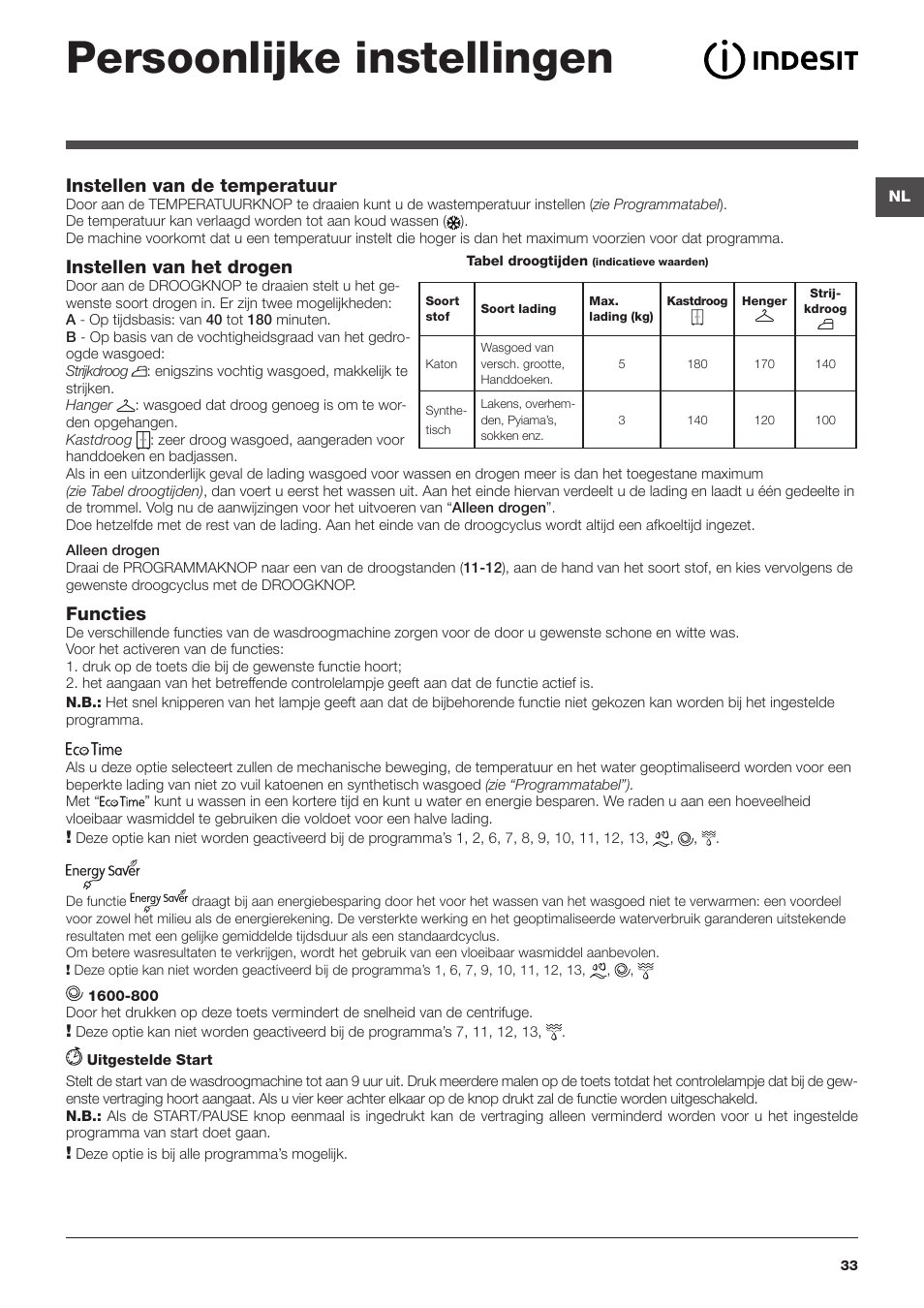 Persoonlijke instellingen, Instellen van de temperatuur, Instellen van het drogen | Functies | Indesit IWDC-71680-ECO-(EU) User Manual | Page 33 / 84