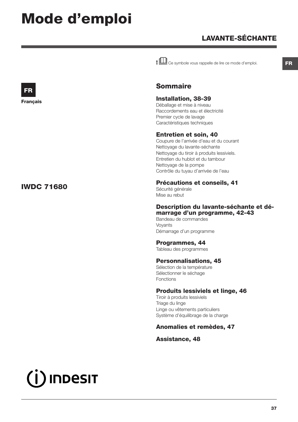 Mode d’emploi, Sommaire, Lavante-séchante | Indesit IWDC-71680-ECO-(EU) User Manual | Page 37 / 84