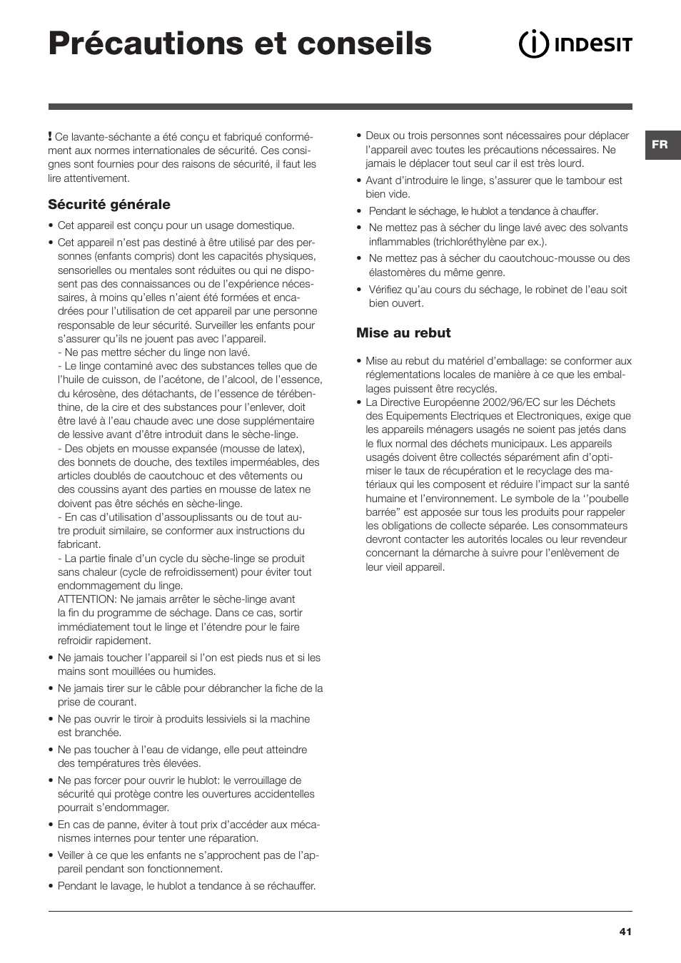 Précautions et conseils | Indesit IWDC-71680-ECO-(EU) User Manual | Page 41 / 84