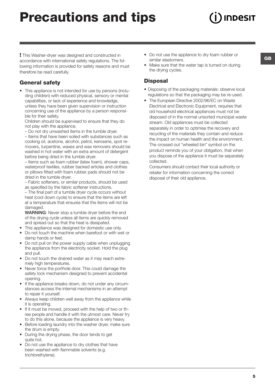 Precautions and tips, General safety, Disposal | Indesit IWDC-71680-ECO-(EU) User Manual | Page 5 / 84