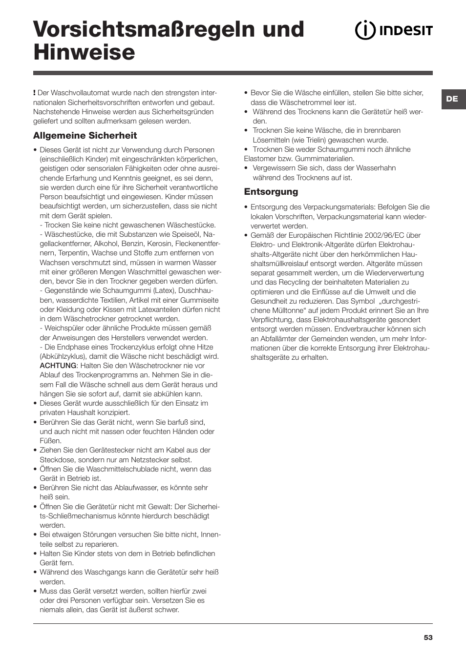 Vorsichtsmaßregeln und hinweise | Indesit IWDC-71680-ECO-(EU) User Manual | Page 53 / 84