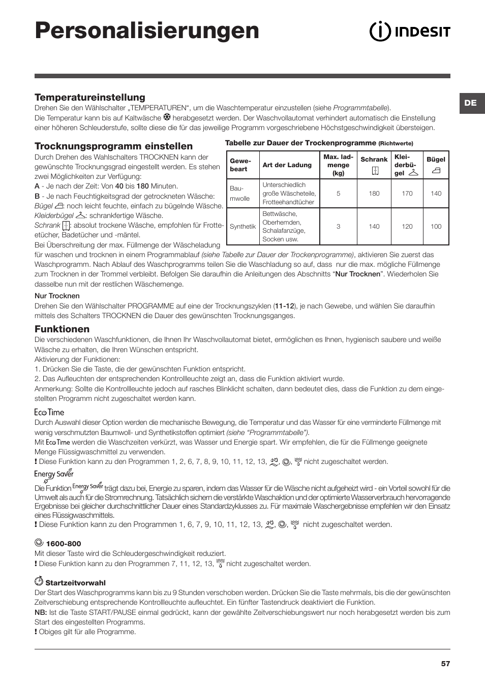 Personalisierungen, Temperatureinstellung, Trocknungsprogramm einstellen | Funktionen | Indesit IWDC-71680-ECO-(EU) User Manual | Page 57 / 84