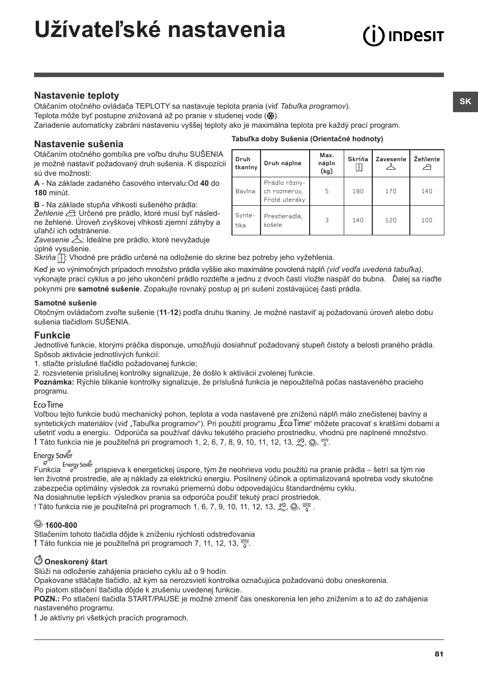 Užívateľské nastavenia, Nastavenie teploty, Nastavenie sušenia | Funkcie | Indesit IWDC-71680-ECO-(EU) User Manual | Page 81 / 84