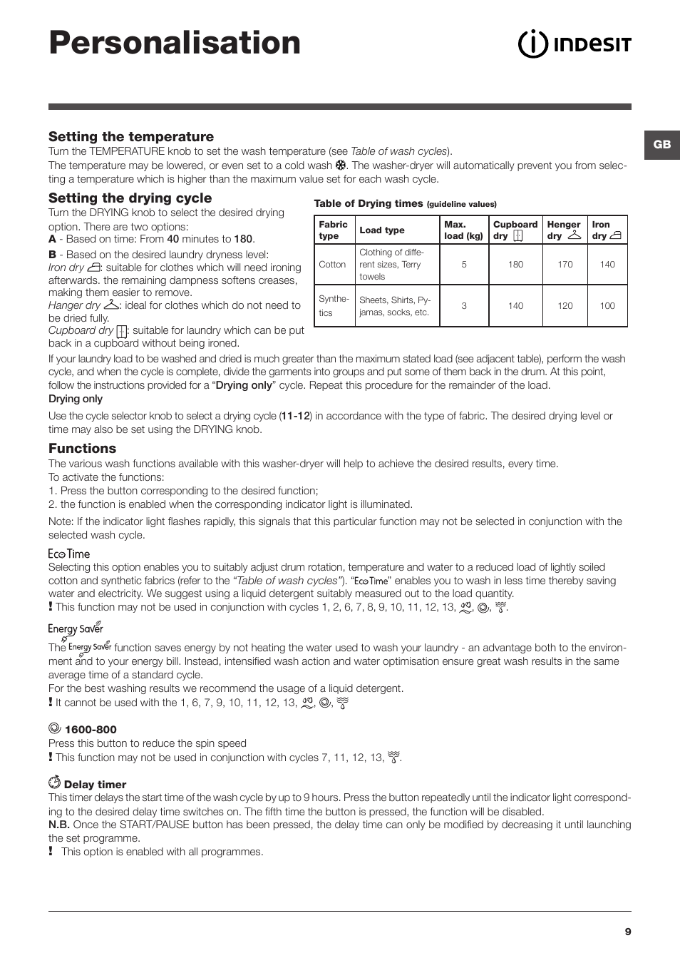 Personalisation, Setting the temperature, Setting the drying cycle | Functions | Indesit IWDC-71680-ECO-(EU) User Manual | Page 9 / 84