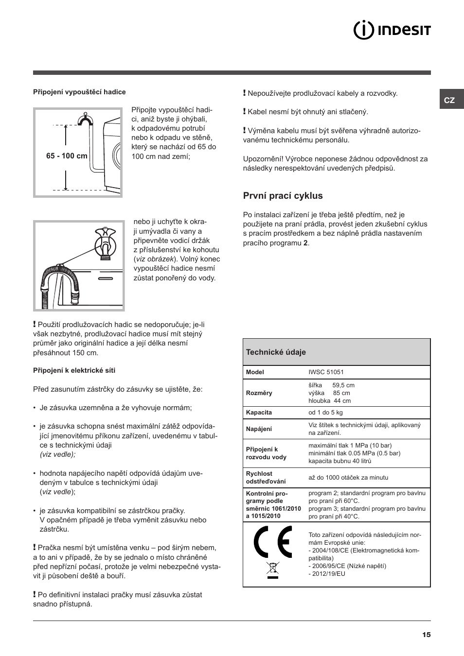 První prací cyklus | Indesit IWSC-51051-C-ECO-EU User Manual | Page 15 / 60