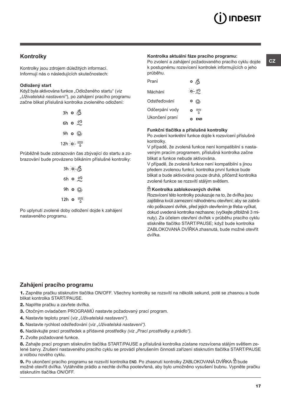 Kontrolky, Zahájení pracího programu | Indesit IWSC-51051-C-ECO-EU User Manual | Page 17 / 60