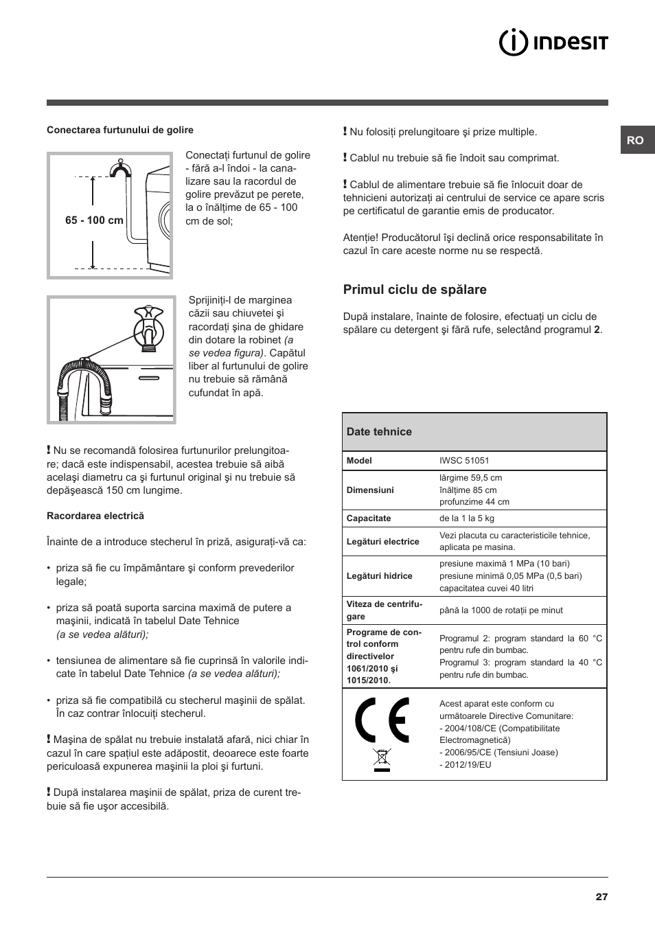 Primul ciclu de spălare | Indesit IWSC-51051-C-ECO-EU User Manual | Page 27 / 60