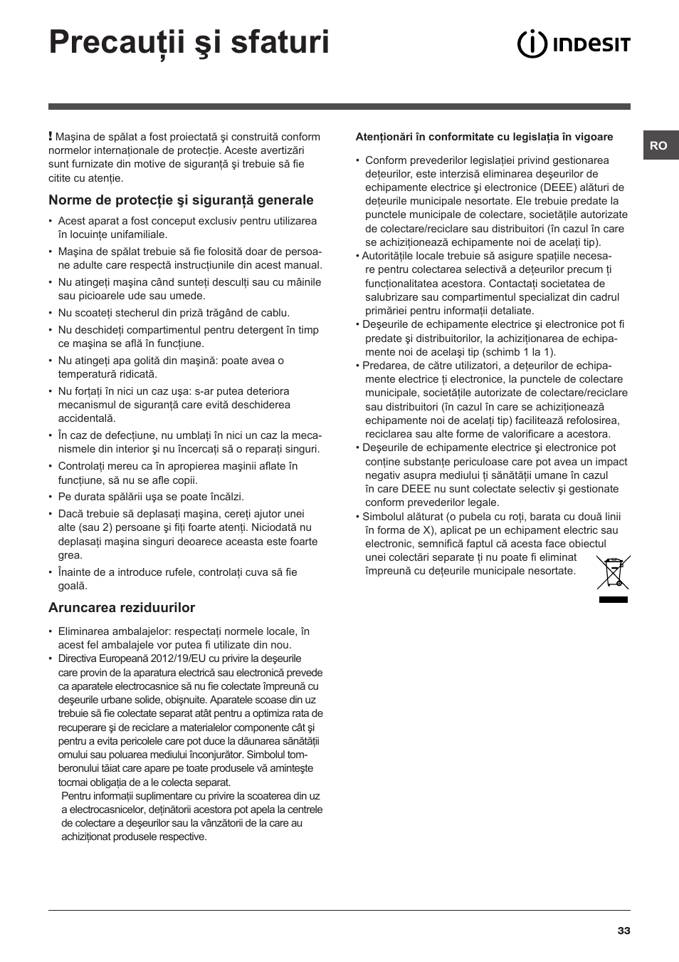 Precauţii şi sfaturi, Norme de protecţie şi siguranţă generale, Aruncarea reziduurilor | Indesit IWSC-51051-C-ECO-EU User Manual | Page 33 / 60