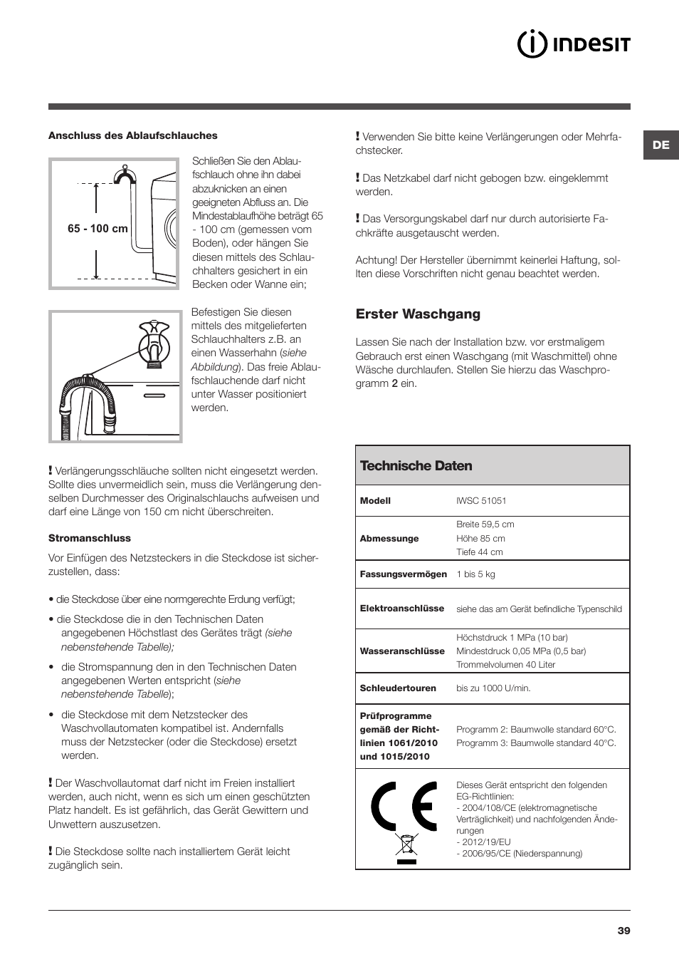 Erster waschgang, Technische daten | Indesit IWSC-51051-C-ECO-EU User Manual | Page 39 / 60