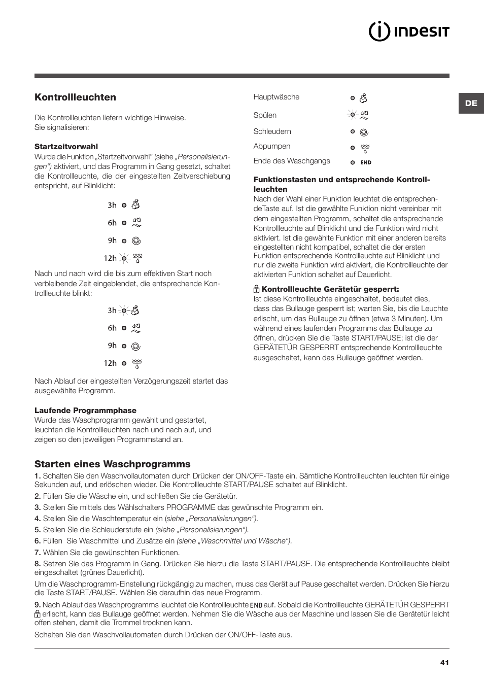 Kontrollleuchten, Starten eines waschprogramms | Indesit IWSC-51051-C-ECO-EU User Manual | Page 41 / 60