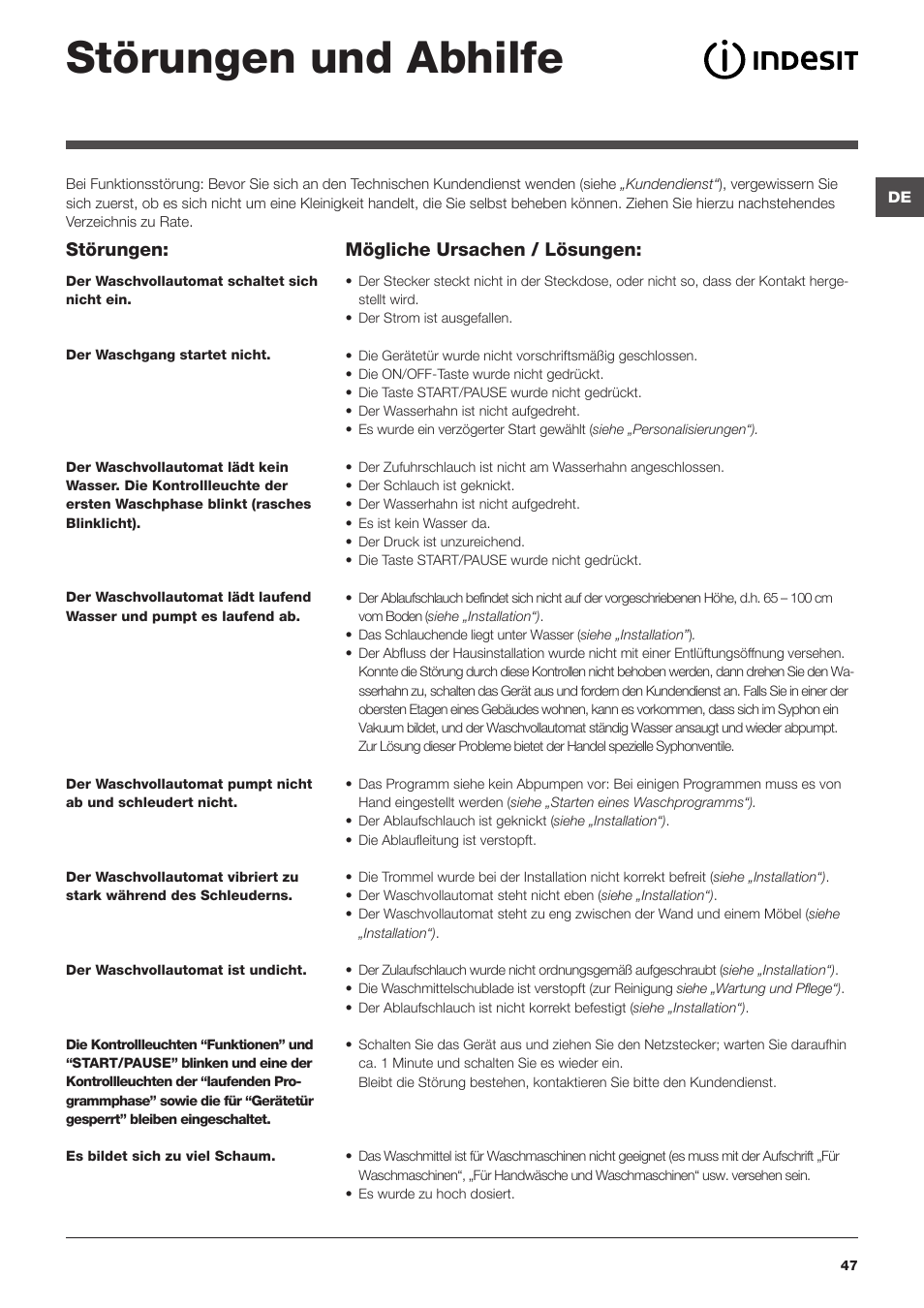 Störungen und abhilfe, Störungen, Mögliche ursachen / lösungen | Indesit IWSC-51051-C-ECO-EU User Manual | Page 47 / 60