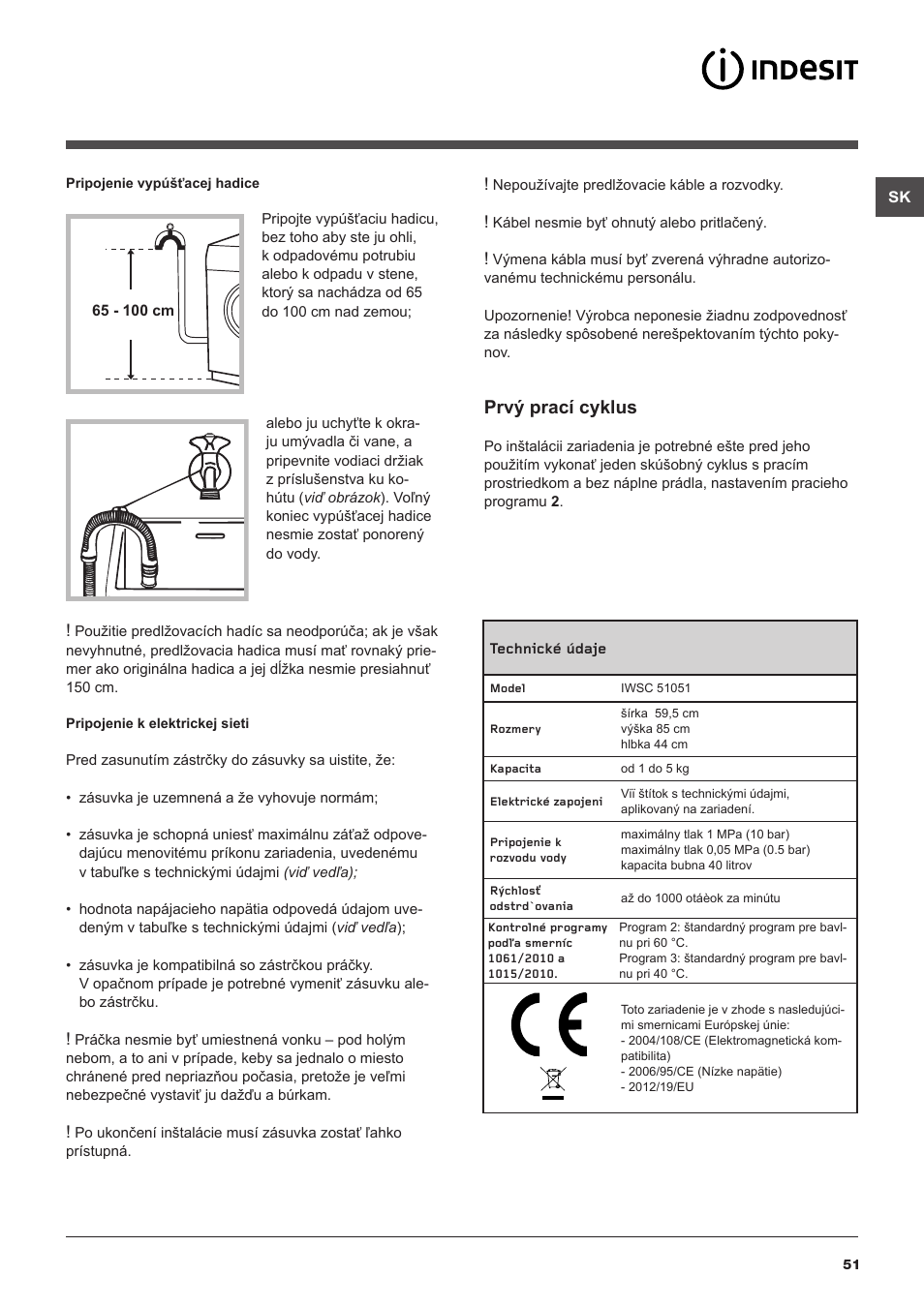 Prvý prací cyklus | Indesit IWSC-51051-C-ECO-EU User Manual | Page 51 / 60