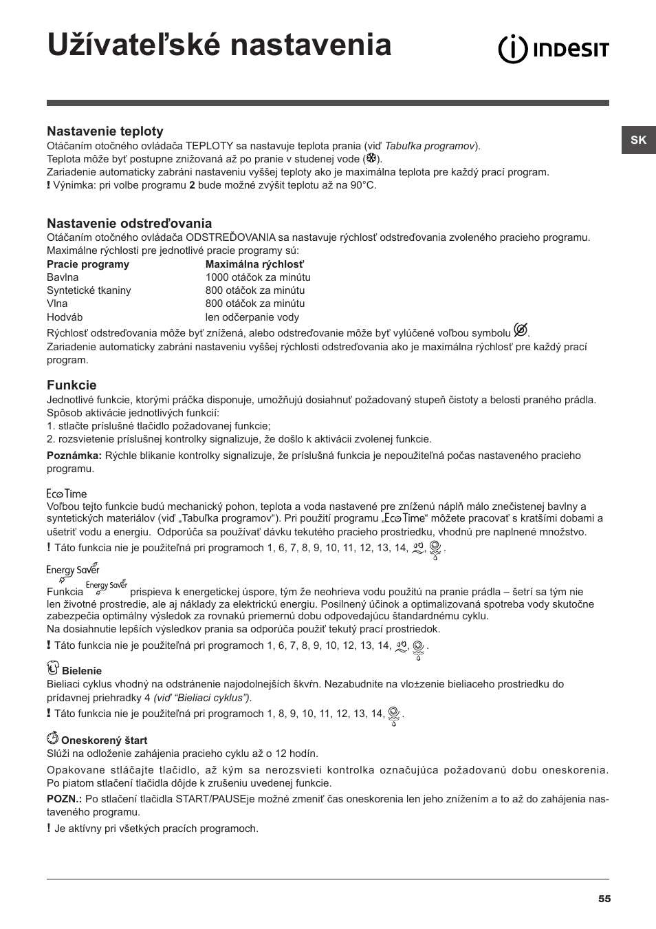 Užívateľské nastavenia | Indesit IWSC-51051-C-ECO-EU User Manual | Page 55 / 60