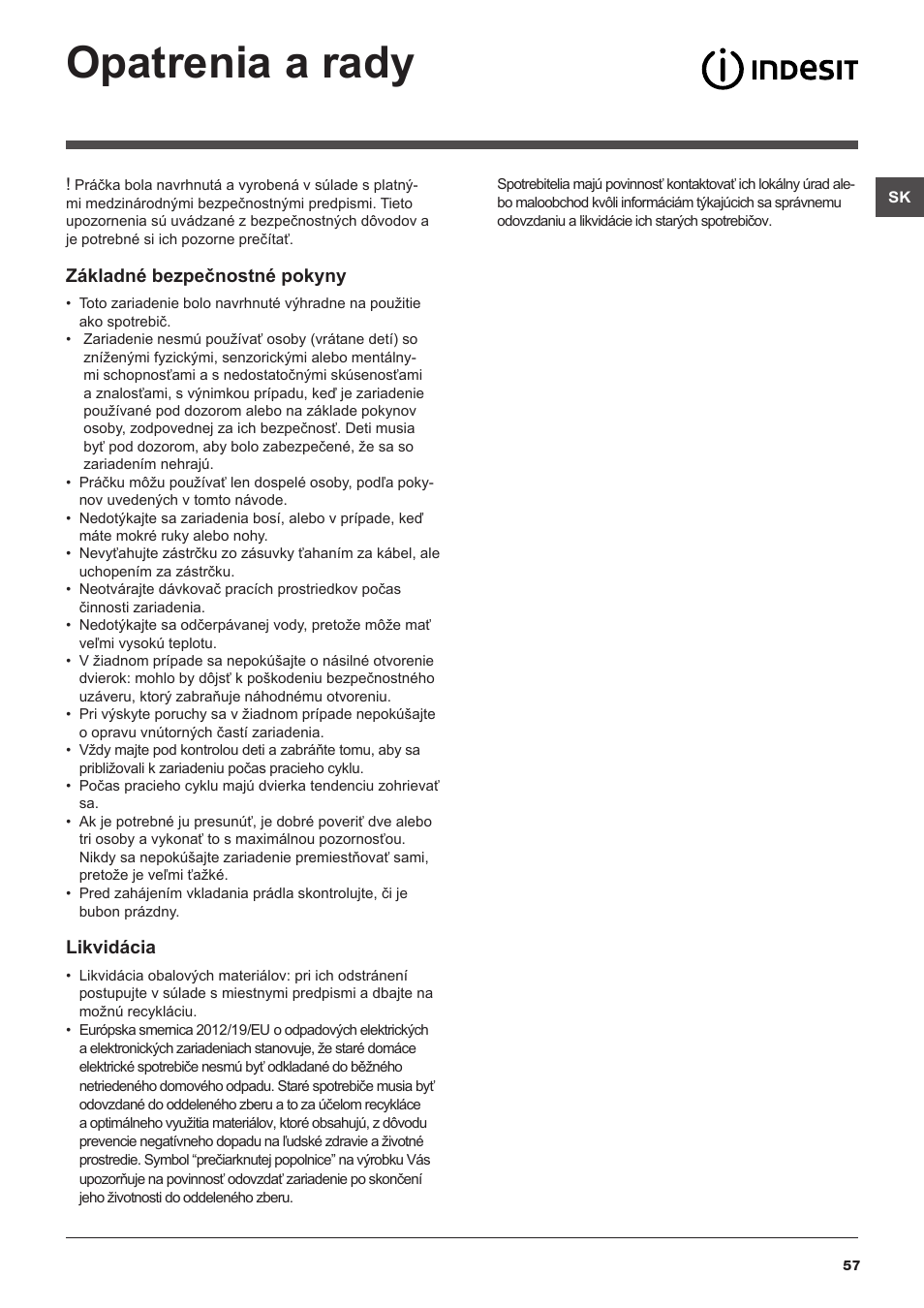 Opatrenia a rady | Indesit IWSC-51051-C-ECO-EU User Manual | Page 57 / 60