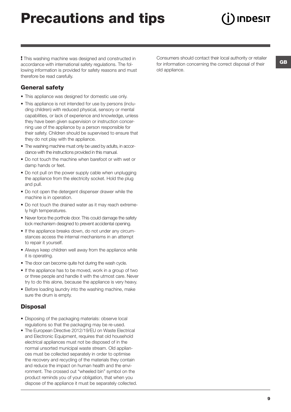 Precautions and tips | Indesit IWSC-51051-C-ECO-EU User Manual | Page 9 / 60