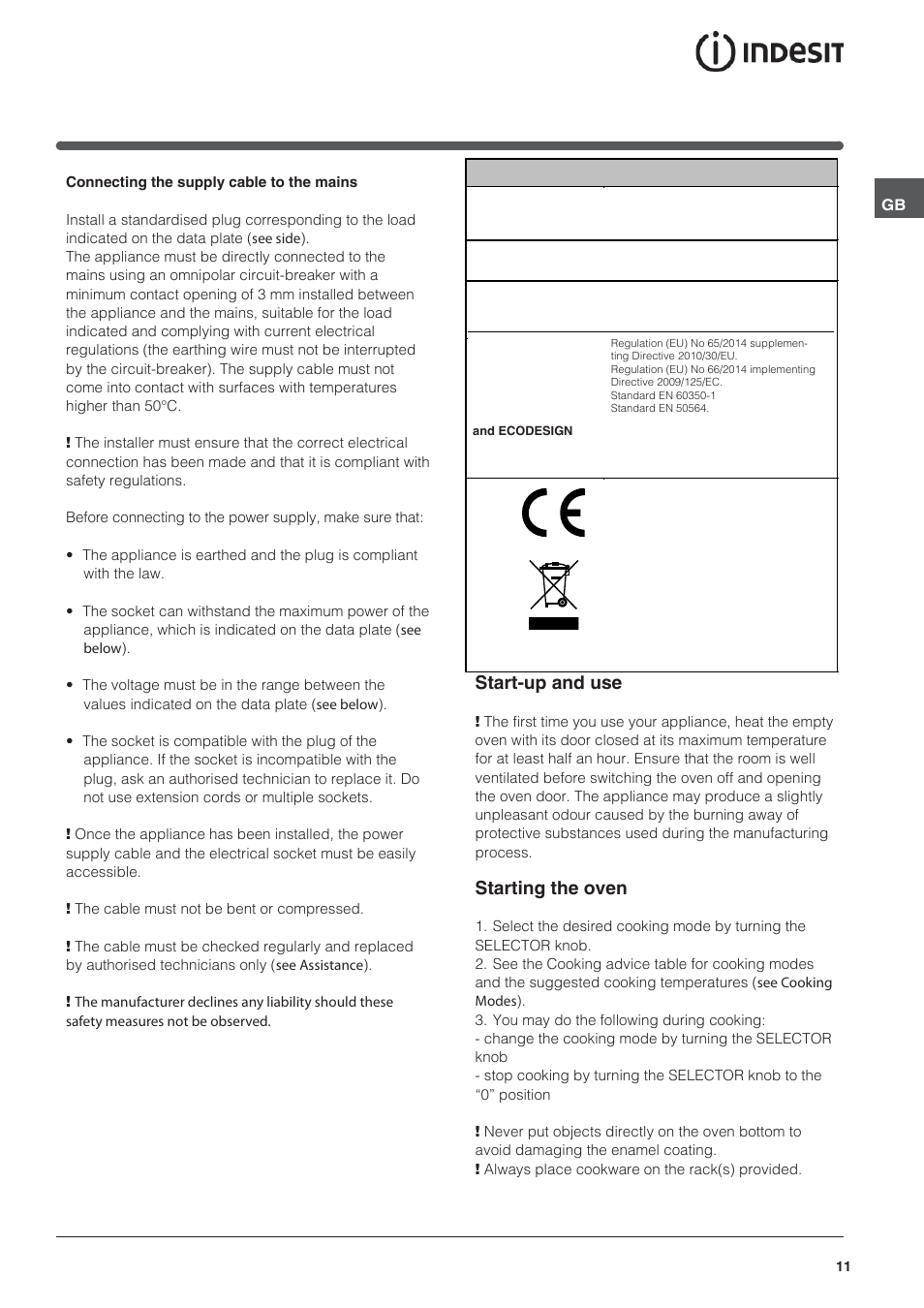 Start-up and use, Starting the oven | Indesit HI-20.A-(WH)-1 User Manual | Page 11 / 52