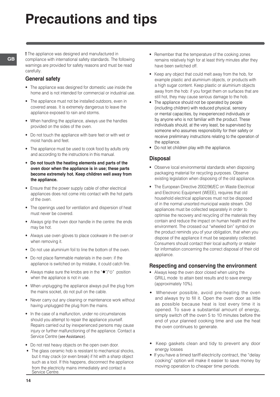 Precautions and tips | Indesit HI-20.A-(WH)-1 User Manual | Page 14 / 52