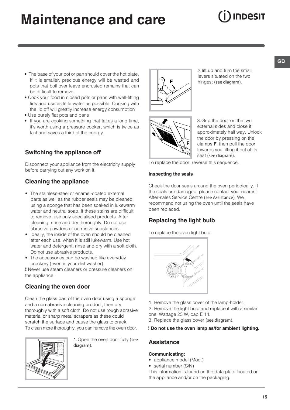 Maintenance and care | Indesit HI-20.A-(WH)-1 User Manual | Page 15 / 52