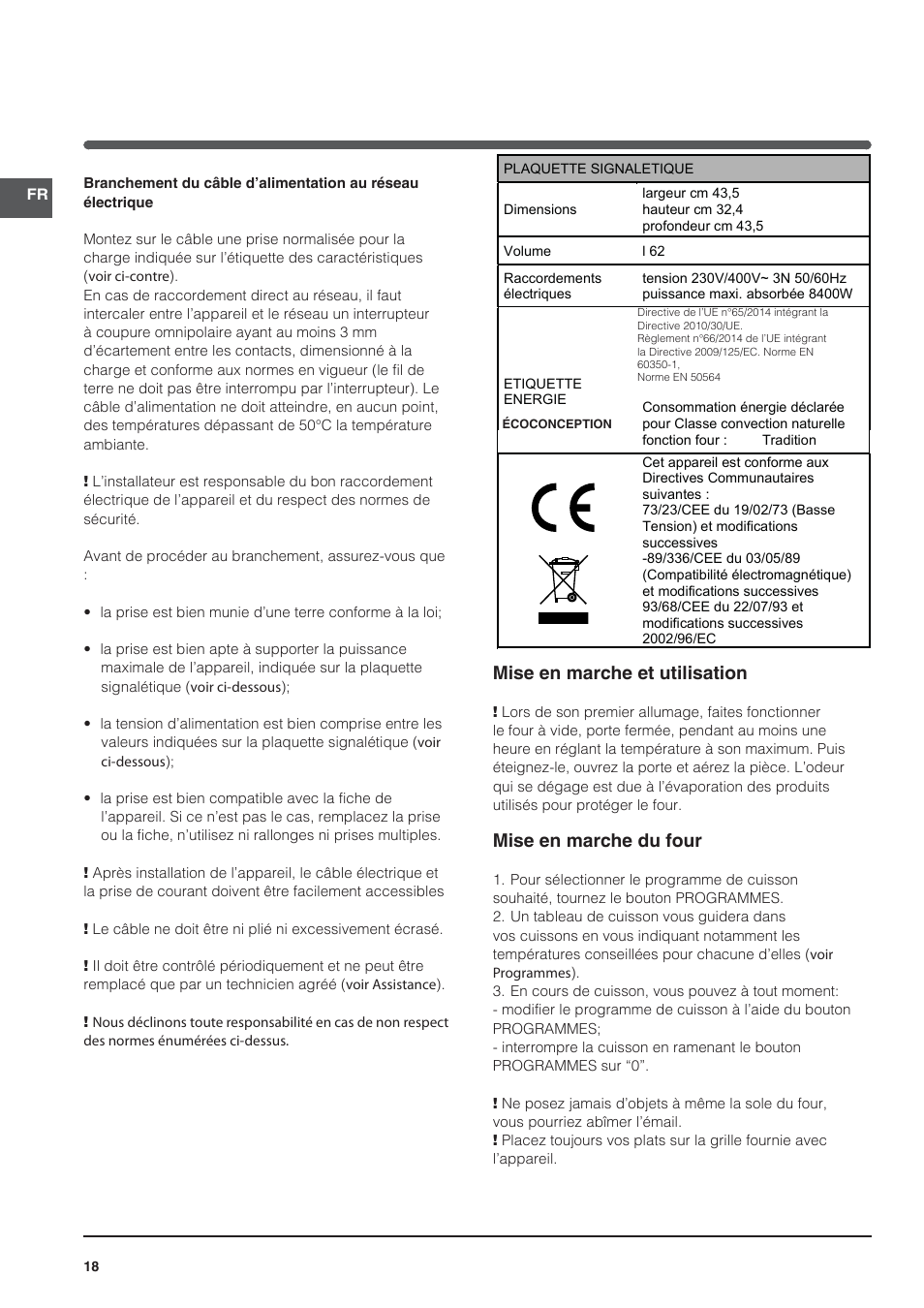 Mise en marche et utilisation, Mise en marche du four | Indesit HI-20.A-(WH)-1 User Manual | Page 18 / 52