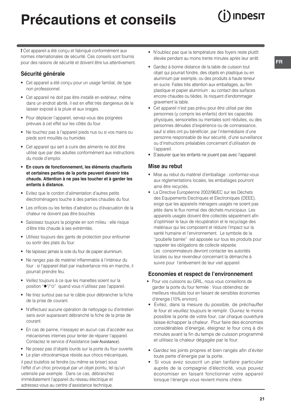 Précautions et conseils | Indesit HI-20.A-(WH)-1 User Manual | Page 21 / 52
