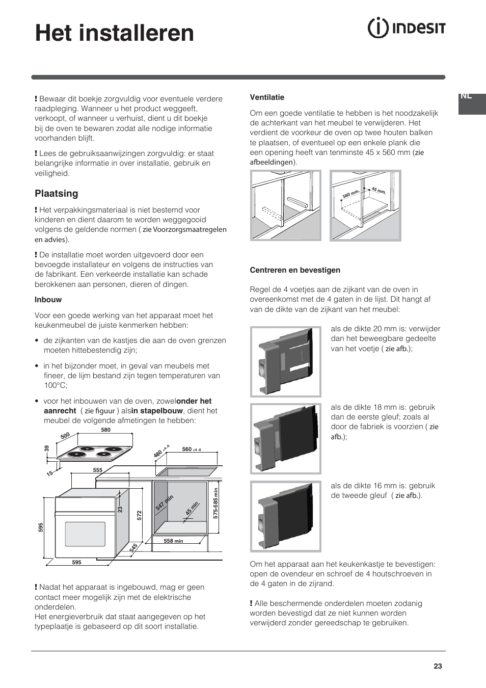 Het installeren, Plaatsing | Indesit HI-20.A-(WH)-1 User Manual | Page 23 / 52