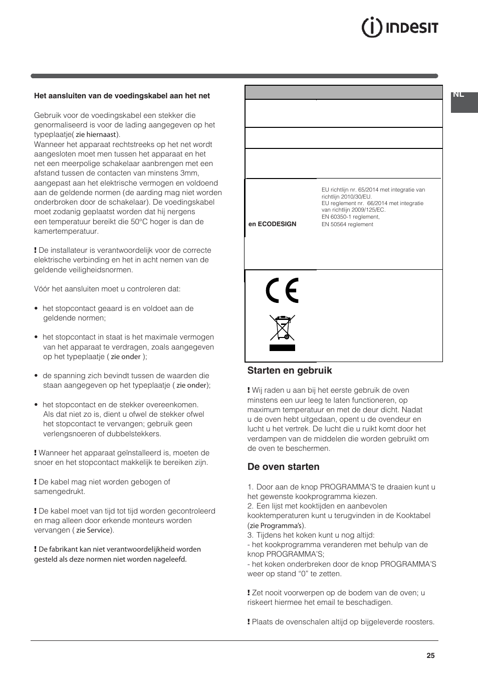 Starten en gebruik, De oven starten | Indesit HI-20.A-(WH)-1 User Manual | Page 25 / 52