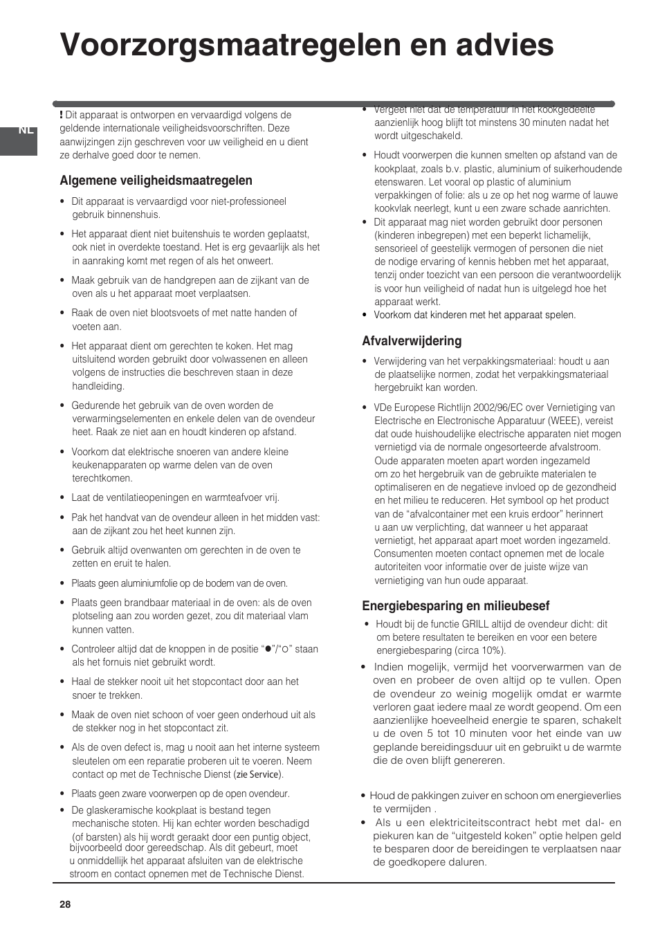 Voorzorgsmaatregelen en advies | Indesit HI-20.A-(WH)-1 User Manual | Page 28 / 52