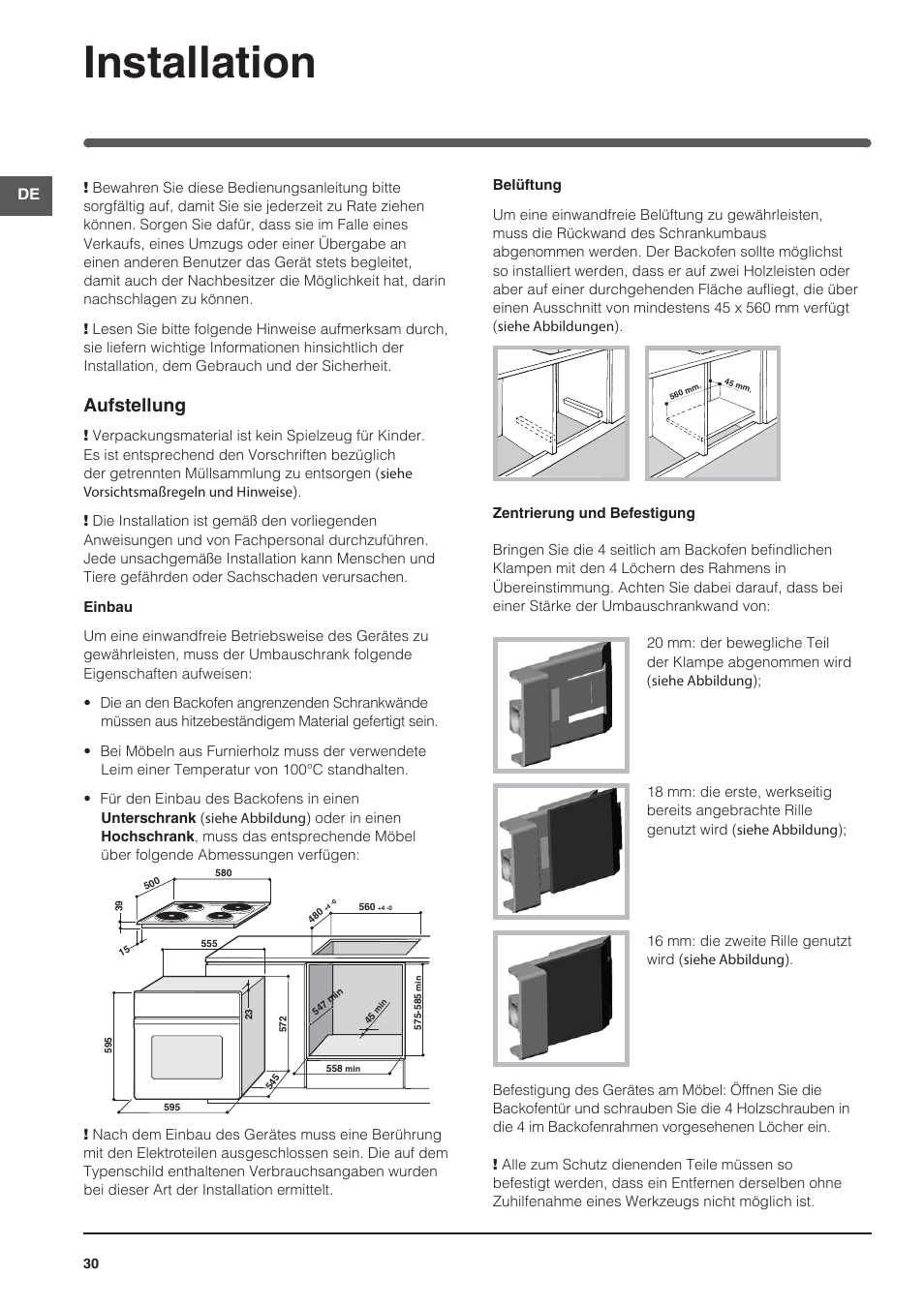 Installation, Aufstellung | Indesit HI-20.A-(WH)-1 User Manual | Page 30 / 52