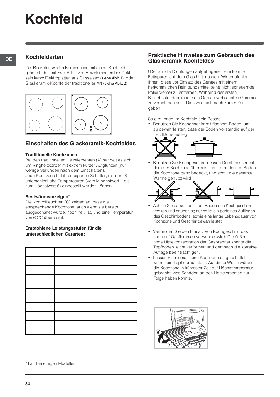 Kochfeld, Kochfeldarten, Einschalten des glaskeramik-kochfeldes | Indesit HI-20.A-(WH)-1 User Manual | Page 34 / 52