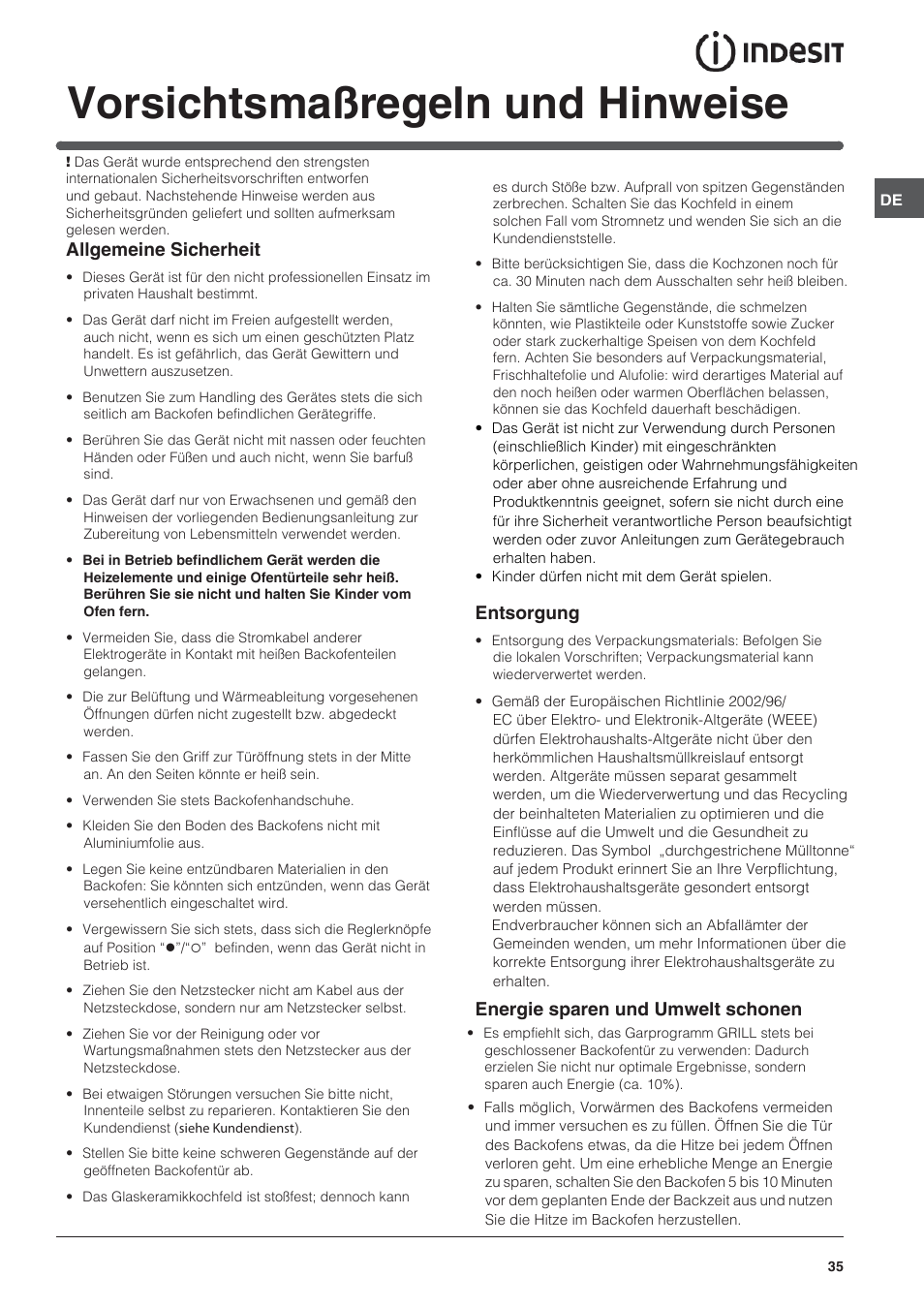 Vorsichtsmaßregeln und hinweise, Allgemeine sicherheit, Entsorgung | Energie sparen und umwelt schonen | Indesit HI-20.A-(WH)-1 User Manual | Page 35 / 52