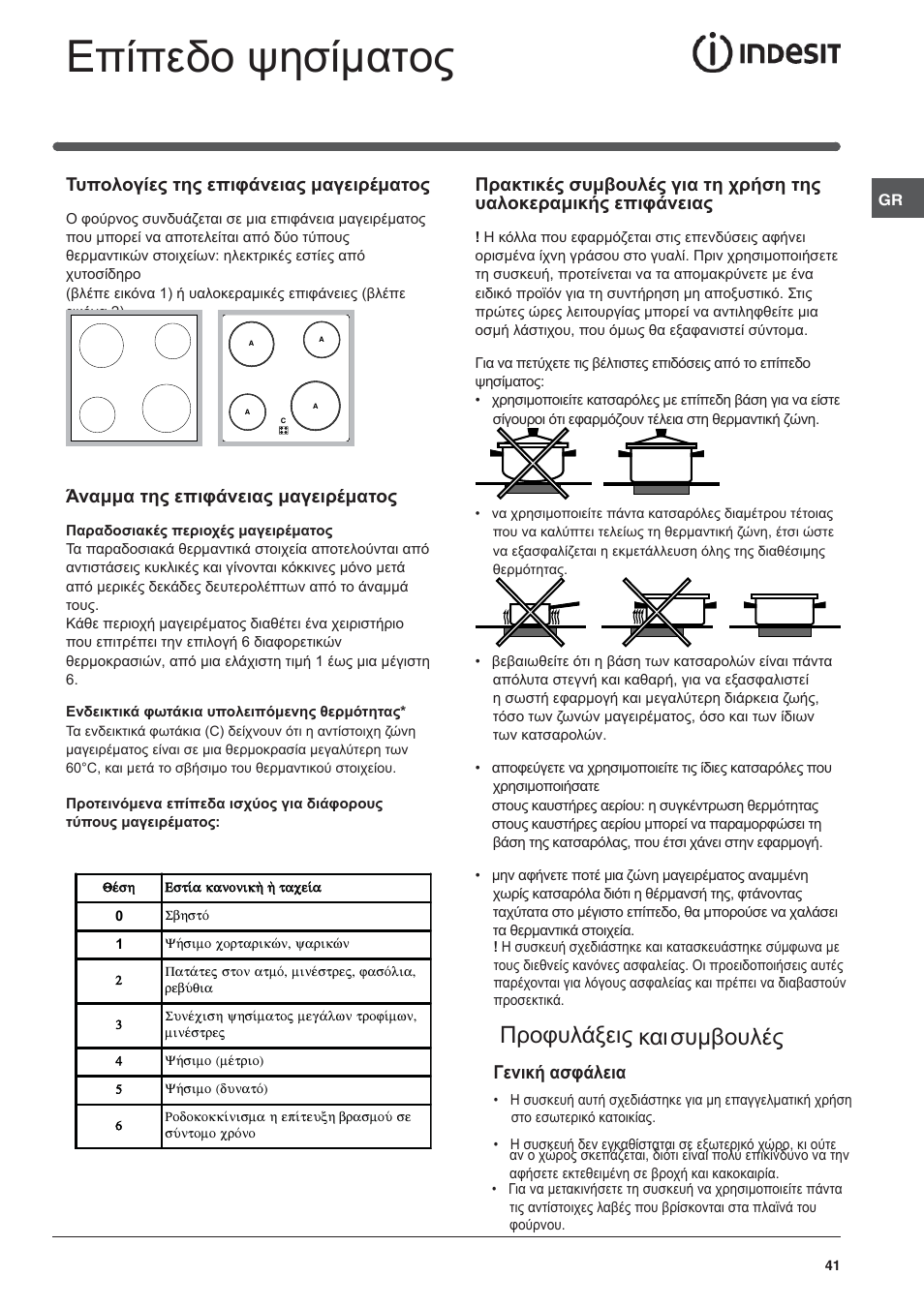 Επίπεδο ψησίματος, Προφυλάξεις καισυμβουλές, Τυπολογίες της επιφάνειας μαγειρέματος | Άναμμα της επιφάνειας μαγειρέματος, Γενική ασφάλεια | Indesit HI-20.A-(WH)-1 User Manual | Page 41 / 52