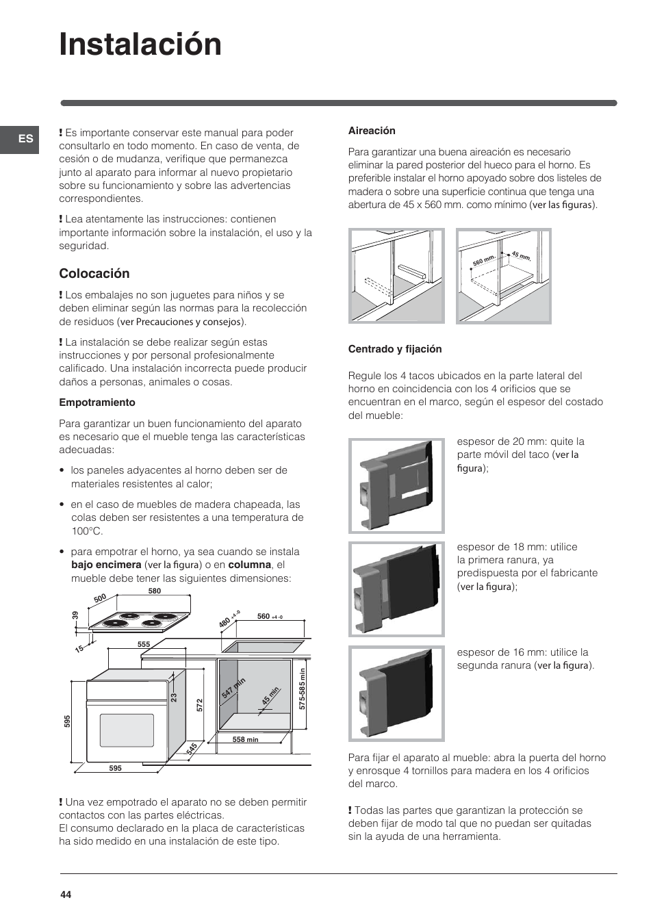 Instalación, Colocación | Indesit HI-20.A-(WH)-1 User Manual | Page 44 / 52