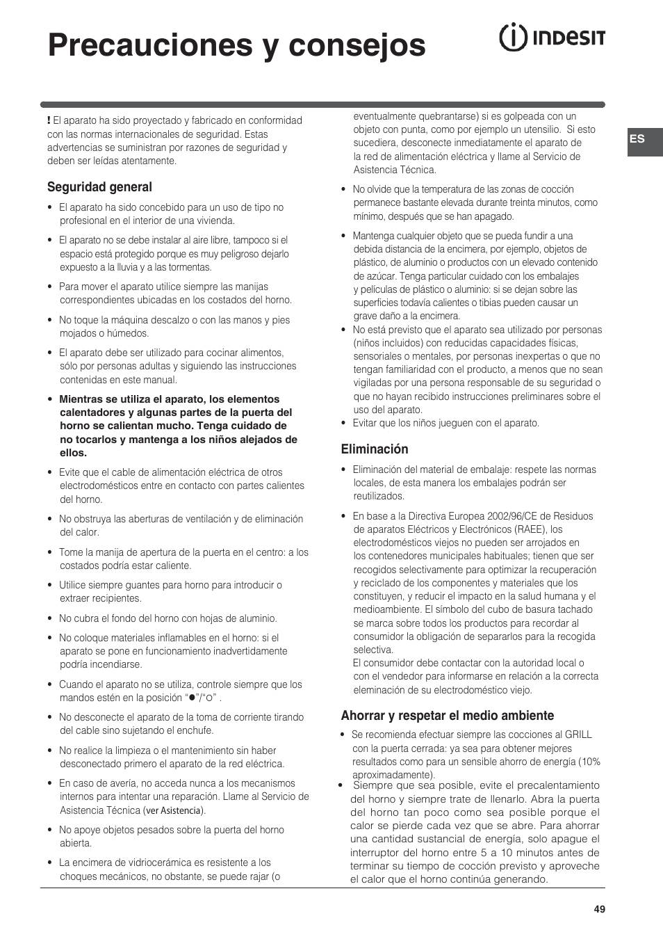 Precauciones y consejos | Indesit HI-20.A-(WH)-1 User Manual | Page 49 / 52