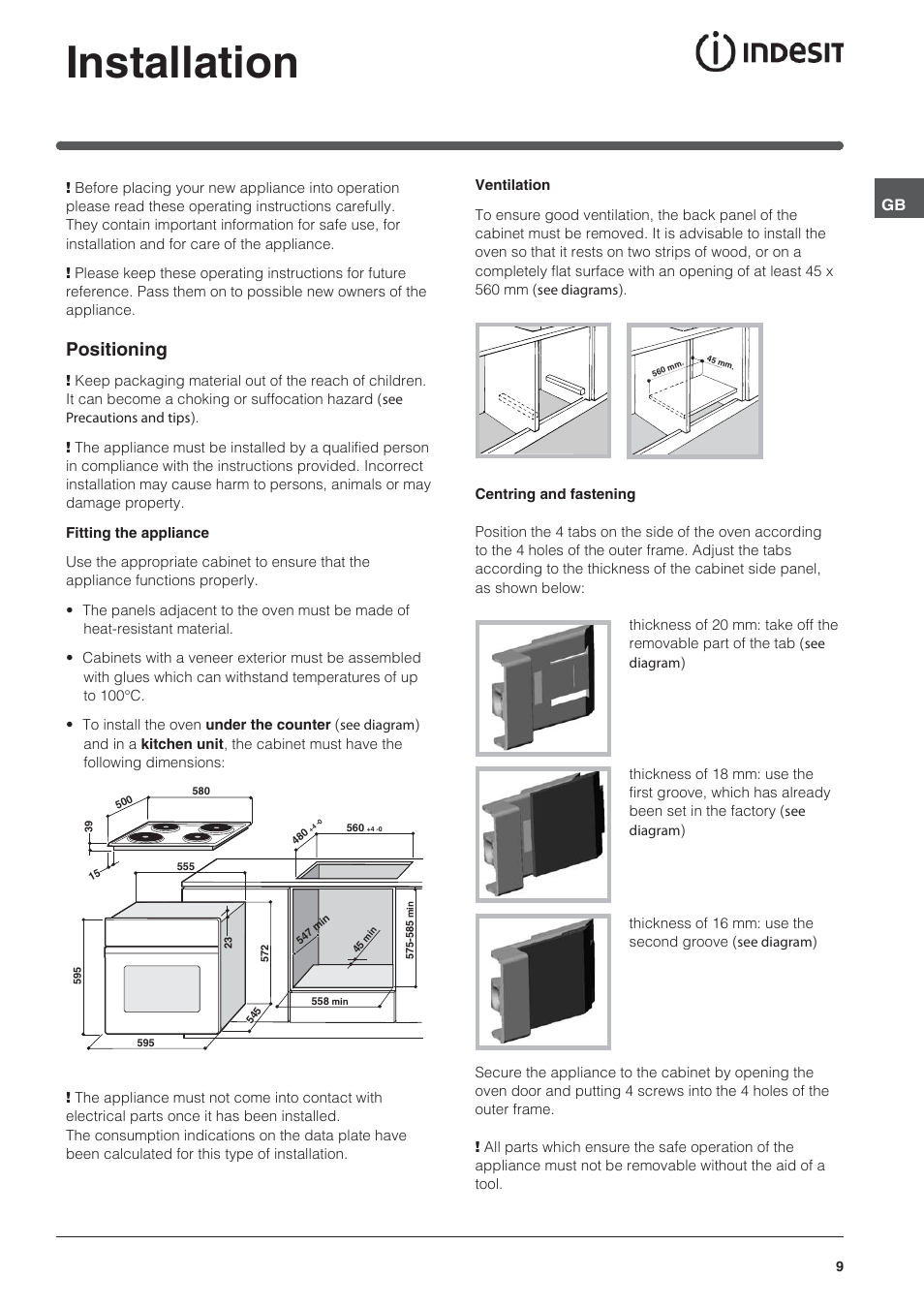 Installation, Positioning | Indesit HI-20.A-(WH)-1 User Manual | Page 9 / 52
