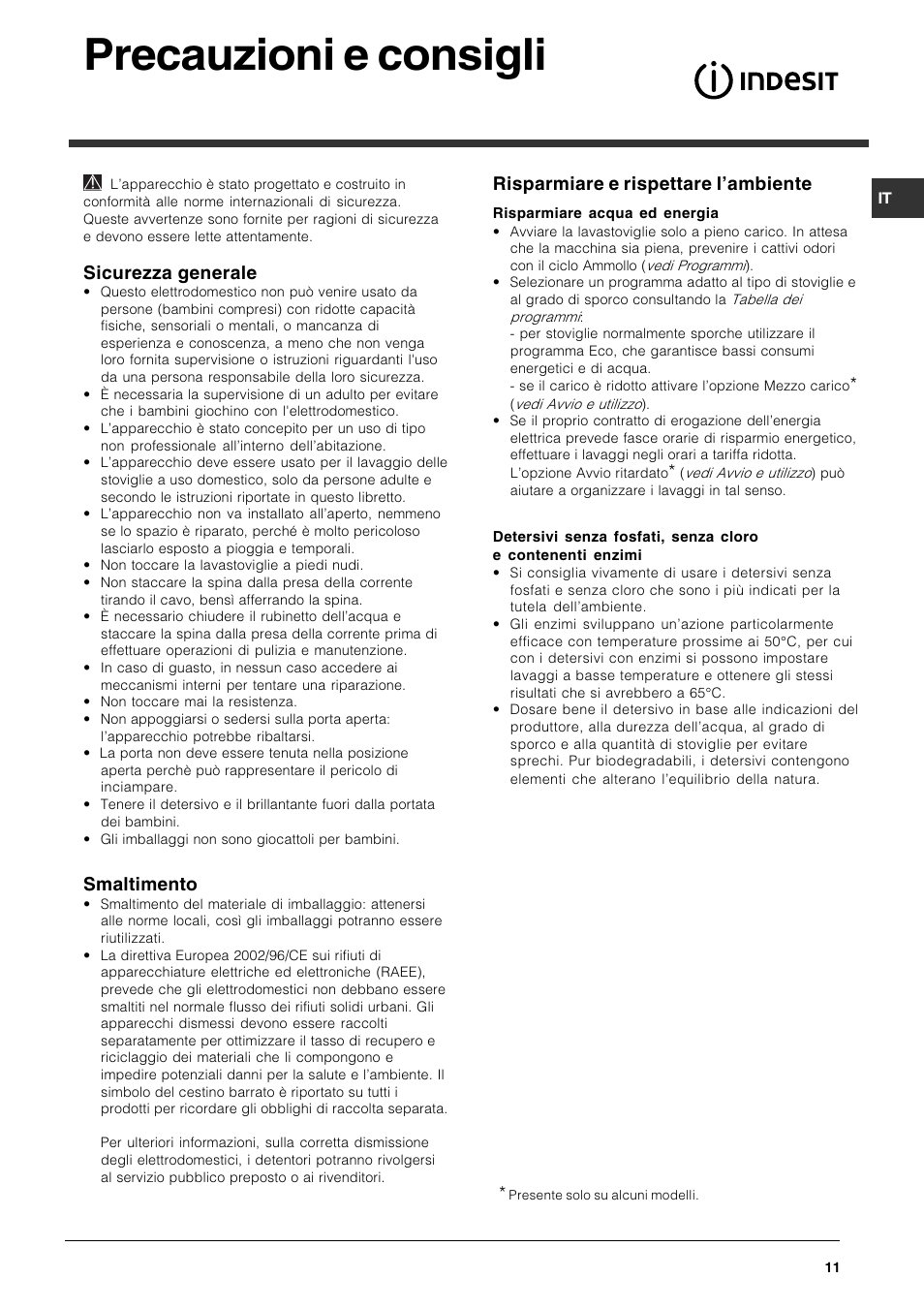Precauzioni e consigli, Sicurezza generale, Smaltimento | Risparmiare e rispettare lambiente | Indesit DSG-263-EU User Manual | Page 11 / 84