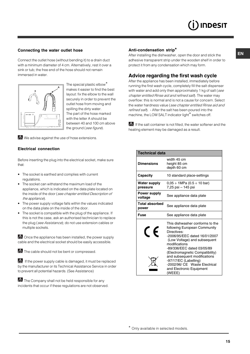 Advice regarding the first wash cycle | Indesit DSG-263-EU User Manual | Page 15 / 84