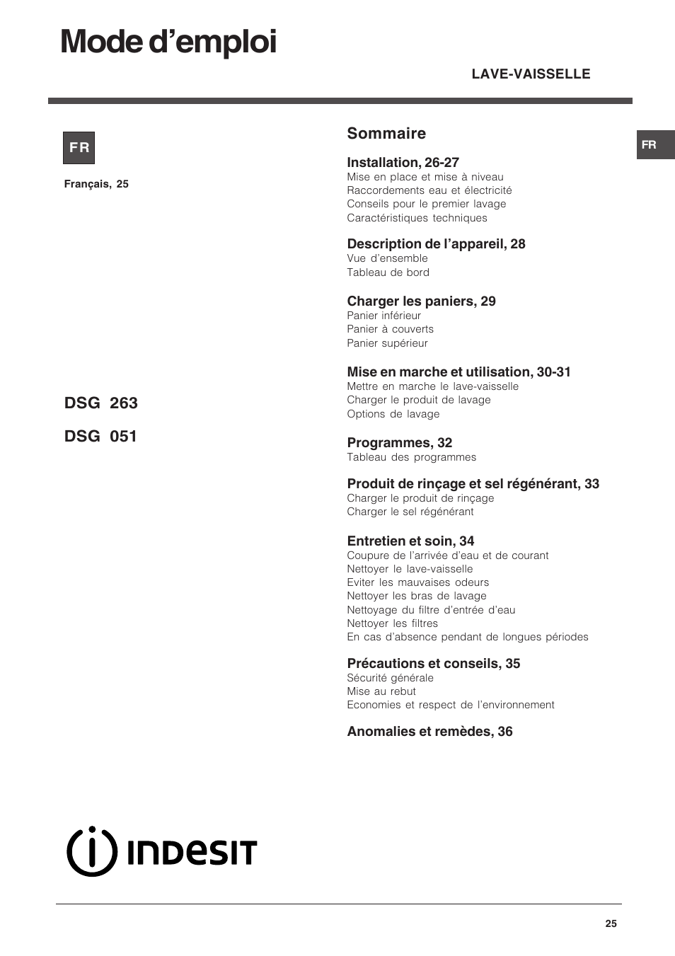Mode demploi, Sommaire | Indesit DSG-263-EU User Manual | Page 25 / 84