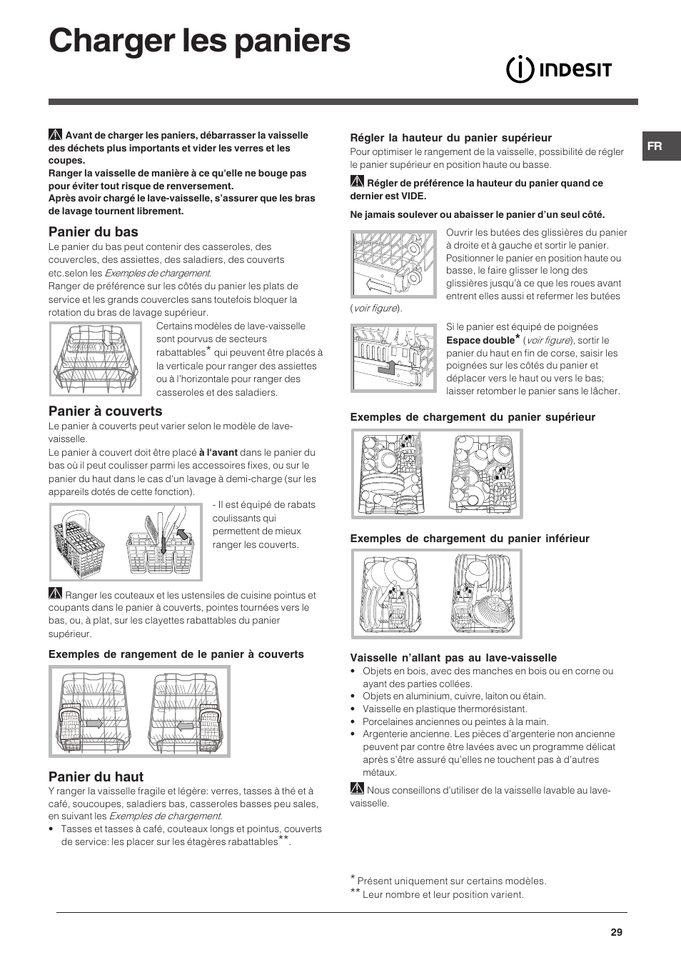 Charger les paniers, Panier du bas, Panier à couverts | Panier du haut | Indesit DSG-263-EU User Manual | Page 29 / 84