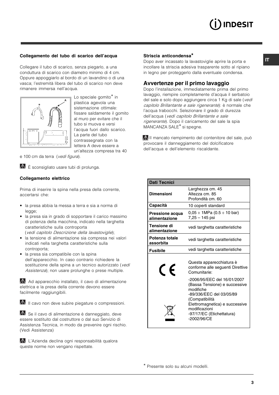 Avvertenze per il primo lavaggio | Indesit DSG-263-EU User Manual | Page 3 / 84