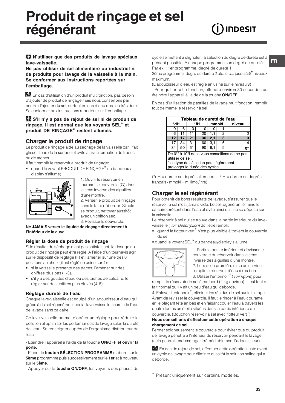 Produit de rinçage et sel régénérant, Charger le produit de rinçage, Charger le sel régénérant | Indesit DSG-263-EU User Manual | Page 33 / 84