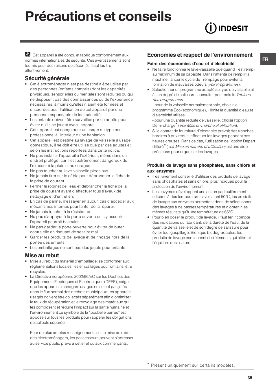 Précautions et conseils, Sécurité générale, Mise au rebut | Economies et respect de lenvironnement | Indesit DSG-263-EU User Manual | Page 35 / 84