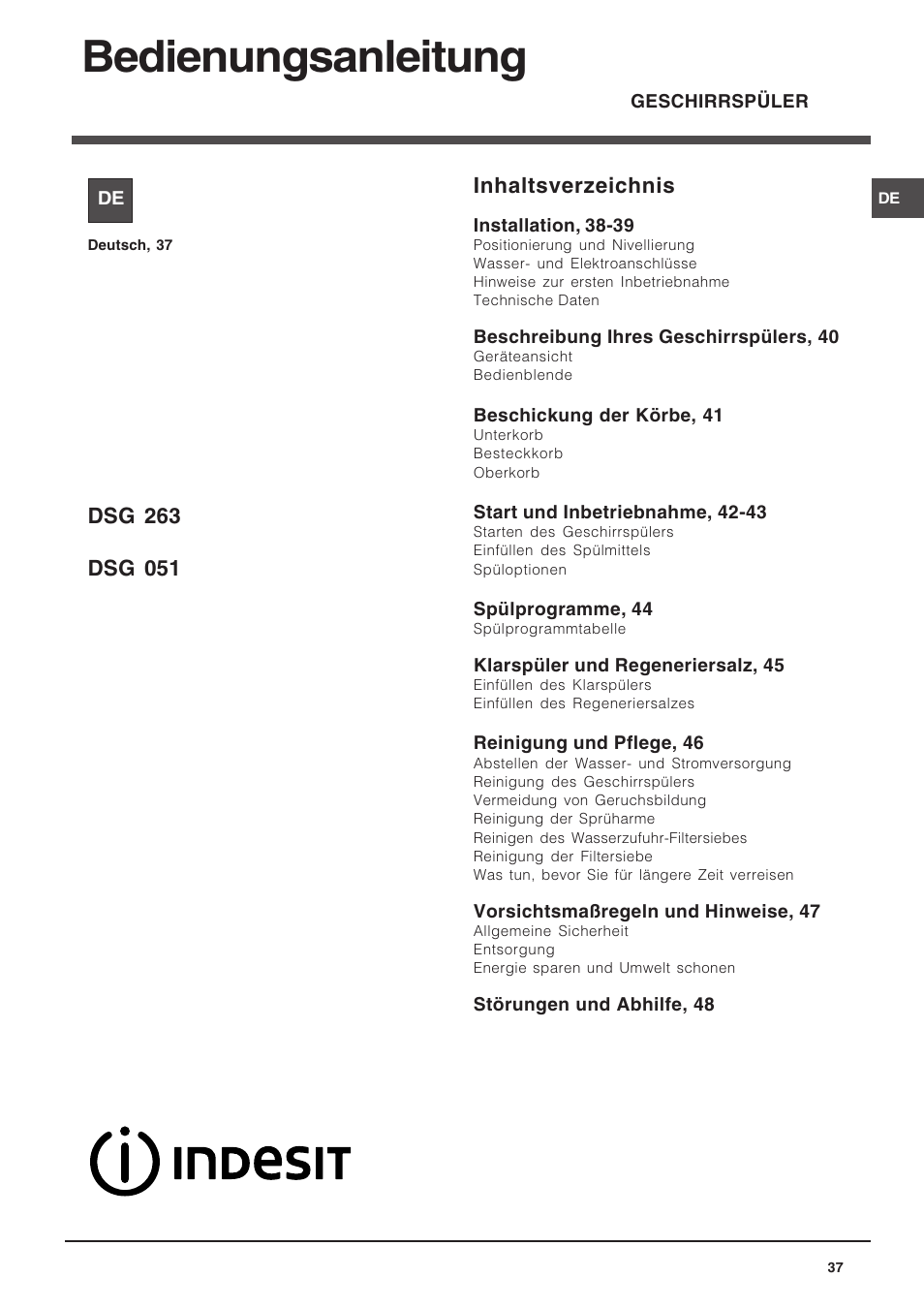 Indesit DSG-263-EU User Manual | Page 37 / 84