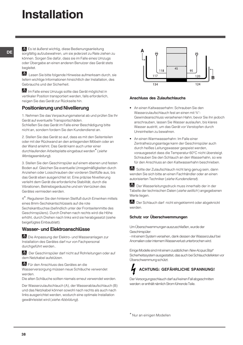 Installation, Positionierung und nivellierung, Wasser- und elektroanschlüsse | Indesit DSG-263-EU User Manual | Page 38 / 84