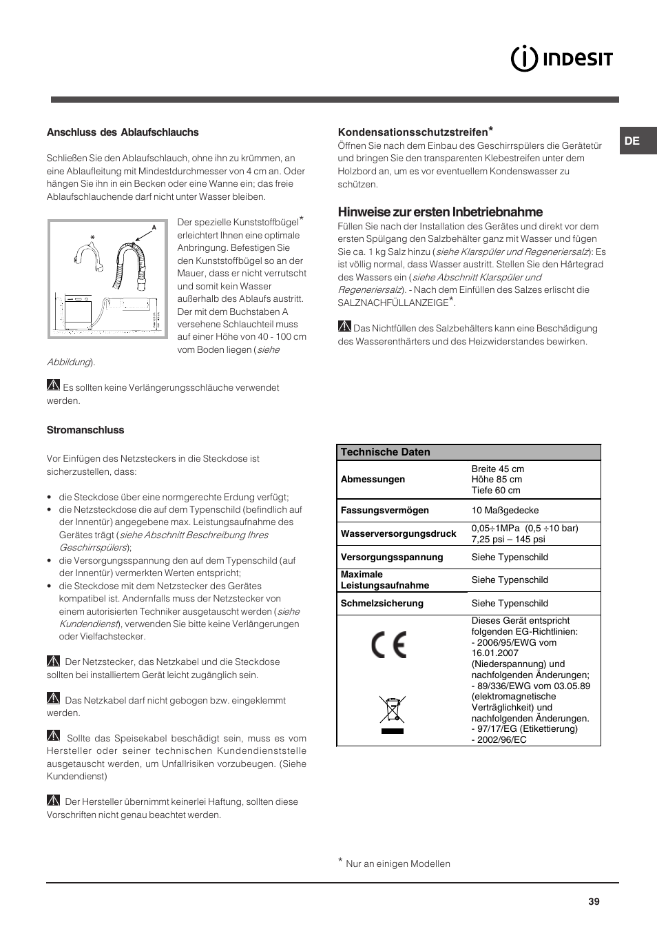 Hinweise zur ersten inbetriebnahme | Indesit DSG-263-EU User Manual | Page 39 / 84