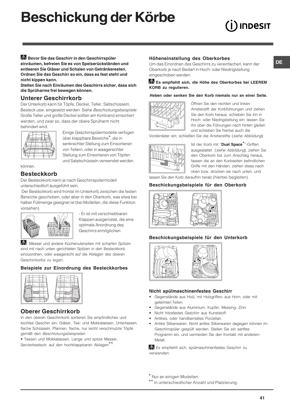 Beschickung der körbe, Unterer geschirrkorb, Besteckkorb | Oberer geschirrkorb | Indesit DSG-263-EU User Manual | Page 41 / 84