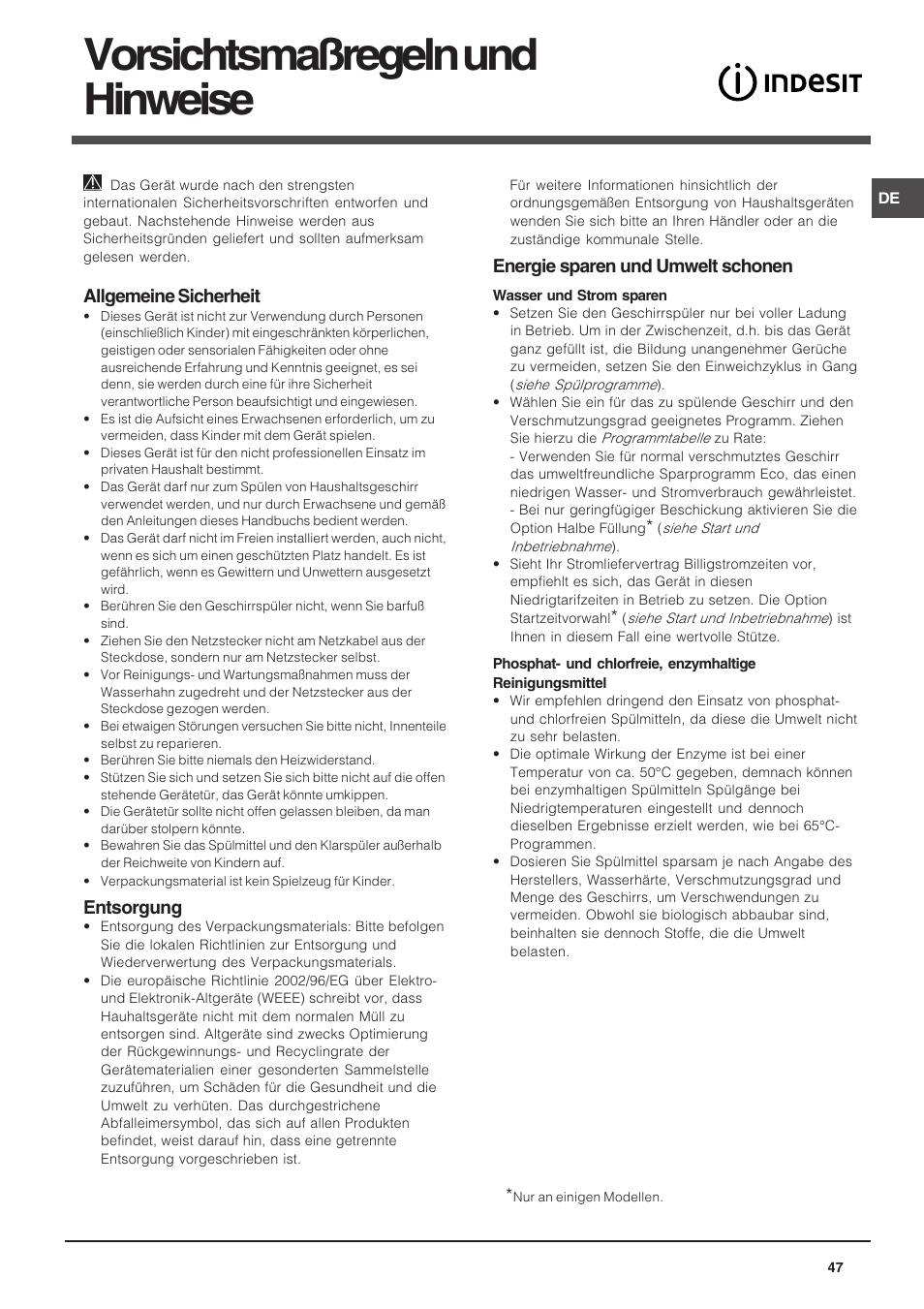 Vorsichtsmaßregeln und hinweise, Allgemeine sicherheit, Entsorgung | Energie sparen und umwelt schonen | Indesit DSG-263-EU User Manual | Page 47 / 84