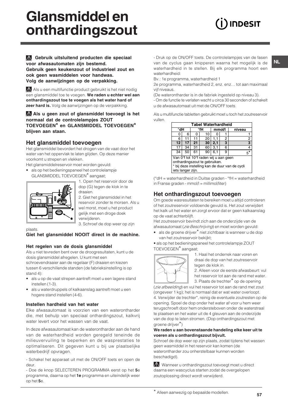 Glansmiddel en onthardingszout, Het glansmiddel toevoegen, Het onthardingszout toevoegen | Indesit DSG-263-EU User Manual | Page 57 / 84