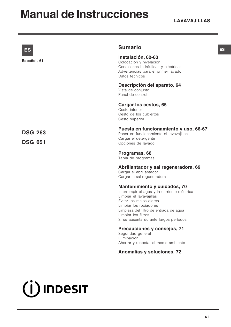 Manual de instrucciones, Sumario | Indesit DSG-263-EU User Manual | Page 61 / 84