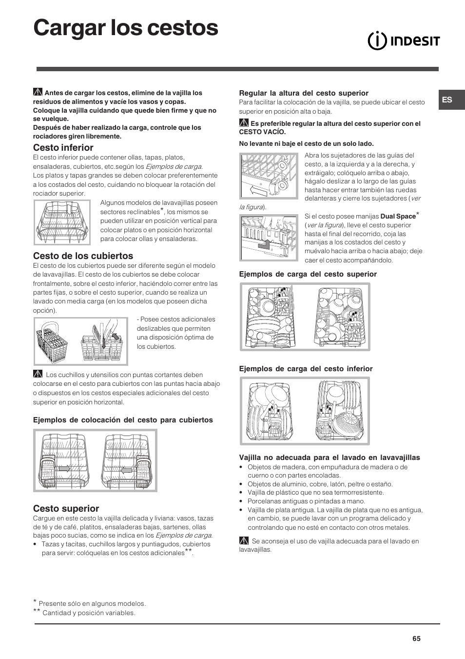 Cargar los cestos, Cesto inferior, Cesto de los cubiertos | Cesto superior | Indesit DSG-263-EU User Manual | Page 65 / 84